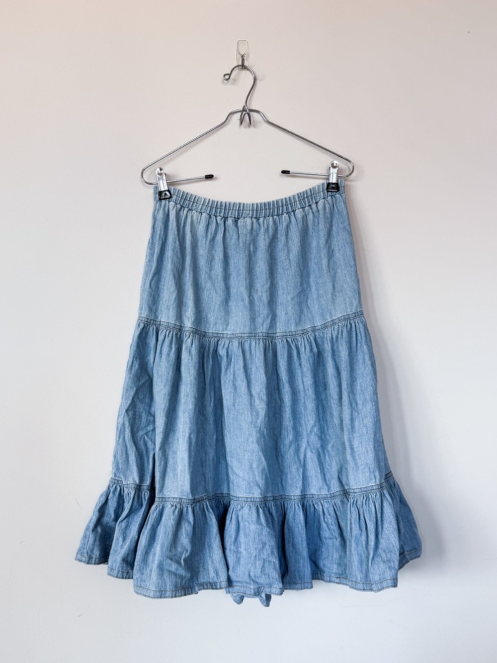 Y2K 90s Denim Tiered Midi Skirt Jean Stretchy Waist Flowy 100% Cotton